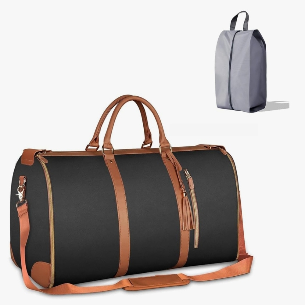 Elegant Black and Brown Duffel Bag with Leather Accents